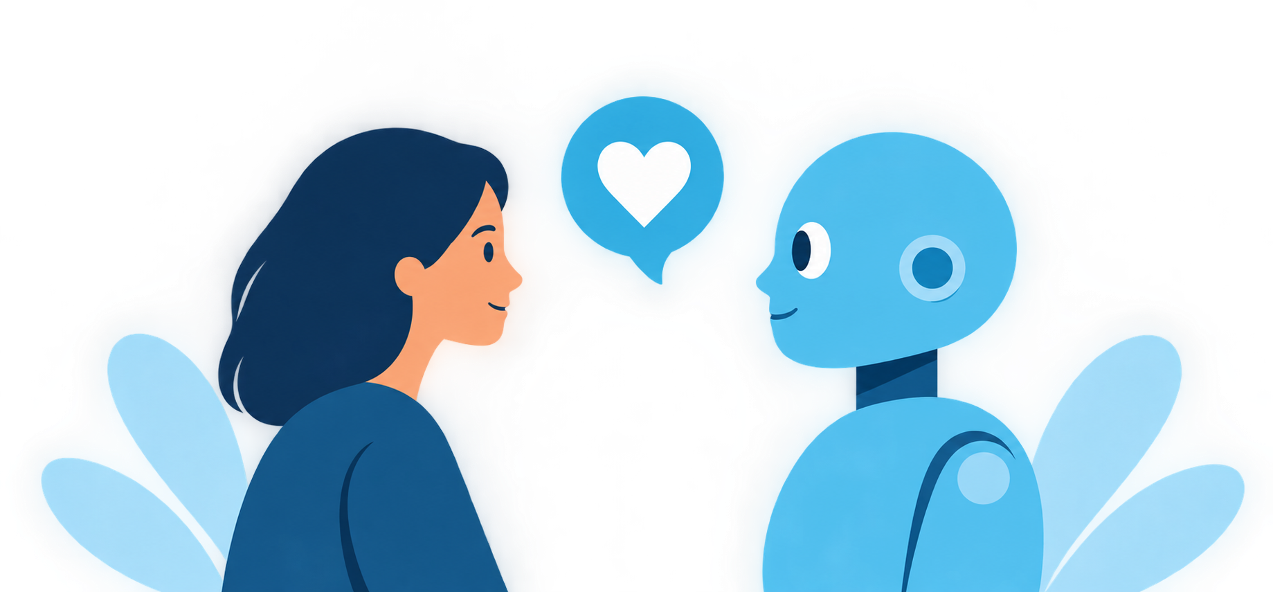 Woman and AI robot profile silhouettes with a heart between them, representing human and AI connection